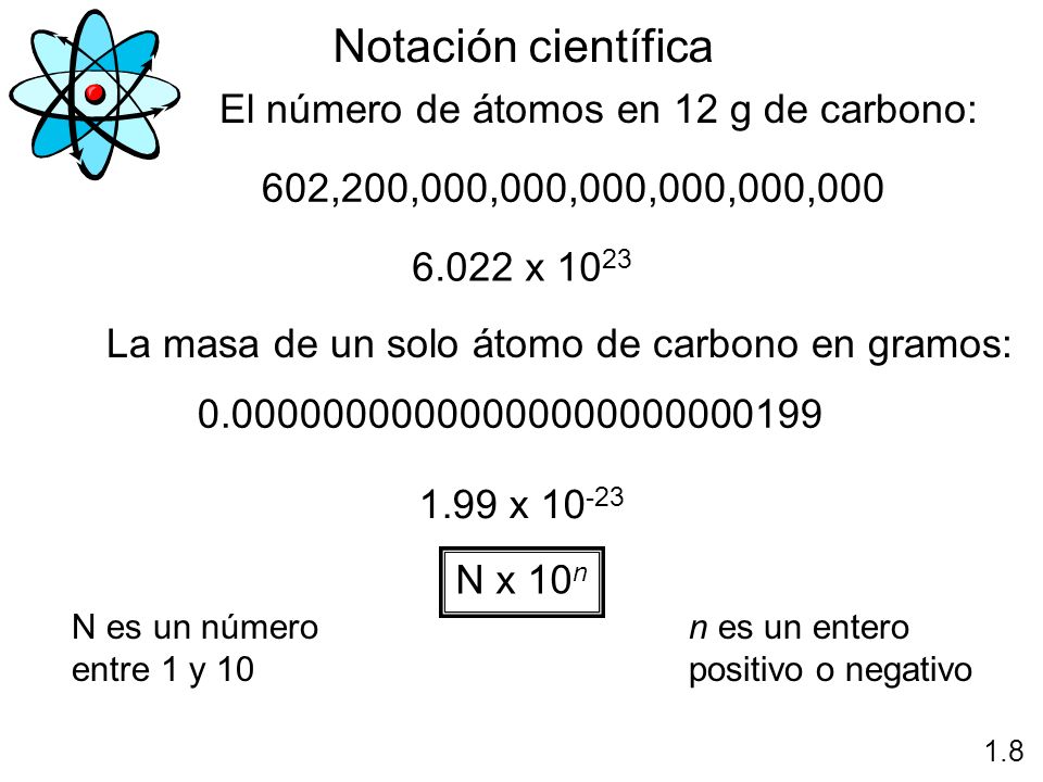 Notación científica El número de átomos en 12 g de carbono:
