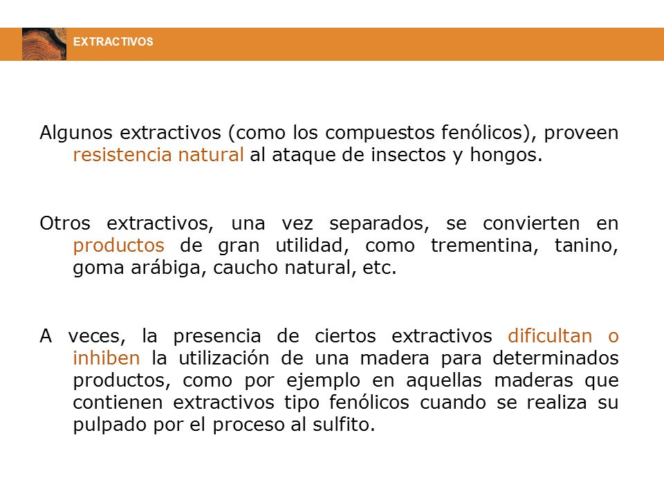 EXTRACTIVOS Algunos extractivos (como los compuestos fenólicos), proveen resistencia natural al ataque de insectos y hongos.