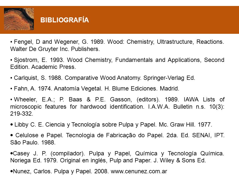 BIBLIOGRAFÍA Fengel, D and Wegener, G Wood: Chemistry, Ultrastructure, Reactions. Walter De Gruyter Inc. Publishers.