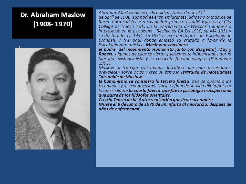 Dr. Abraham Maslow ( ) Abraham Maslow nació en Brooklyn , Nueva York el 1°