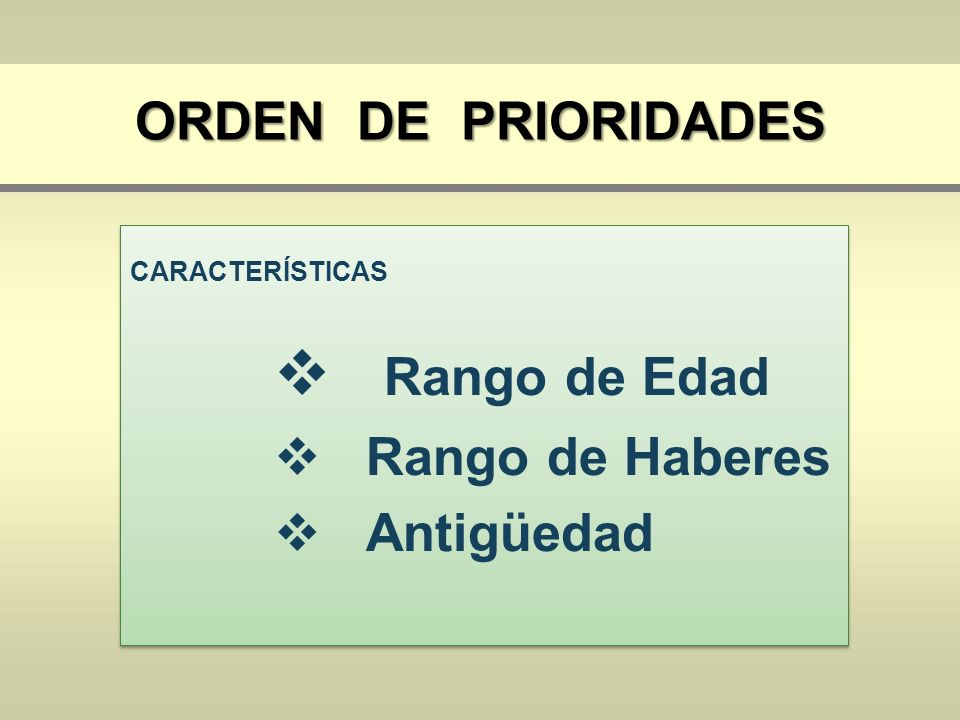 Rango de Edad ORDEN DE PRIORIDADES Rango de Haberes Antigüedad