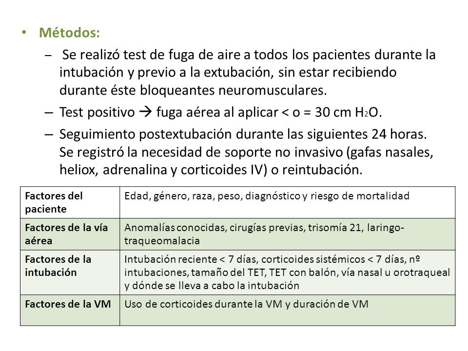 Test positivo  fuga aérea al aplicar < o = 30 cm H2O.