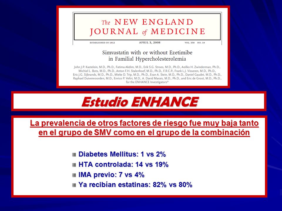 Estudio ENHANCE La prevalencia de otros factores de riesgo fue muy baja tanto en el grupo de SMV como en el grupo de la combinación.
