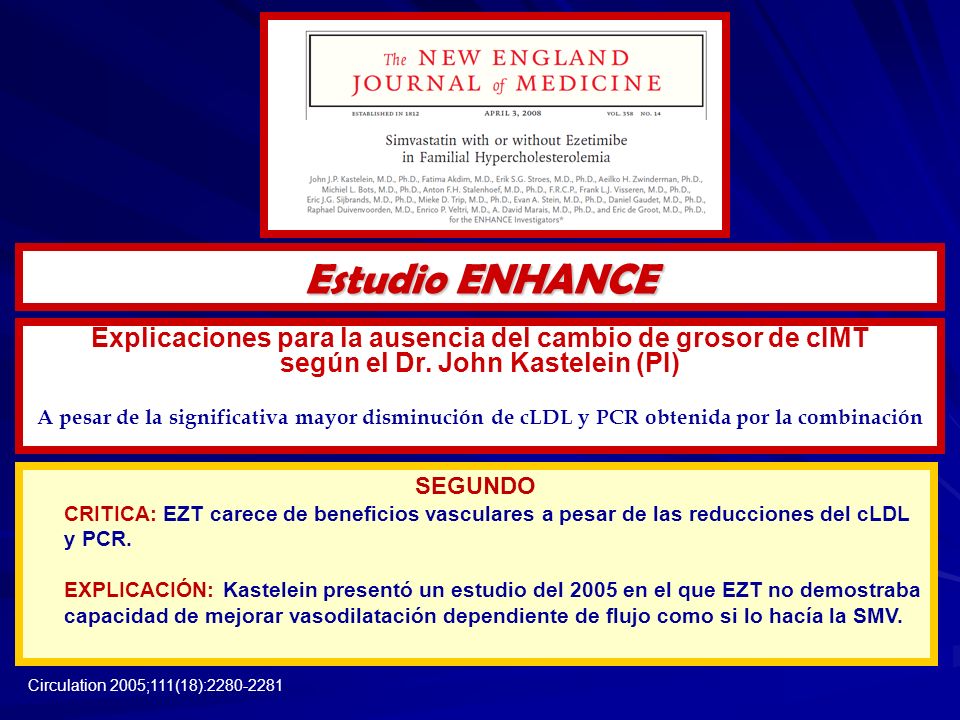 Estudio ENHANCE Explicaciones para la ausencia del cambio de grosor de cIMT. según el Dr. John Kastelein (PI)