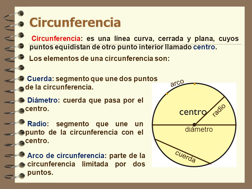 Circunferencia Circunferencia: es una línea curva, cerrada y plana, cuyos puntos equidistan de otro punto interior llamado centro.