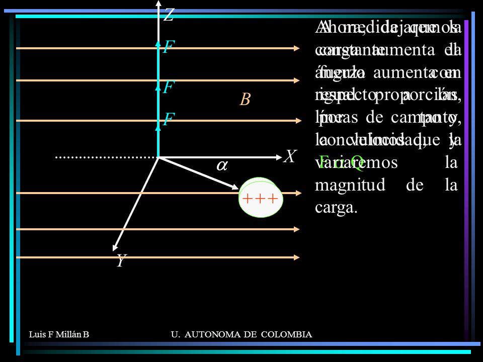 X Z. Y. Ahora, dejaremos constante el ángulo con respecto a las líneas de campo y la velocidad, y variaremos la magnitud de la carga.