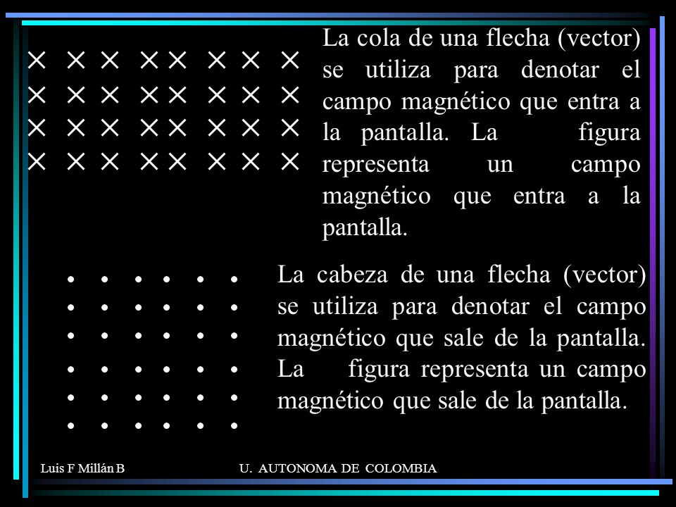 La cola de una flecha (vector) se utiliza para denotar el campo magnético que entra a la pantalla. La figura representa un campo magnético que entra a la pantalla.