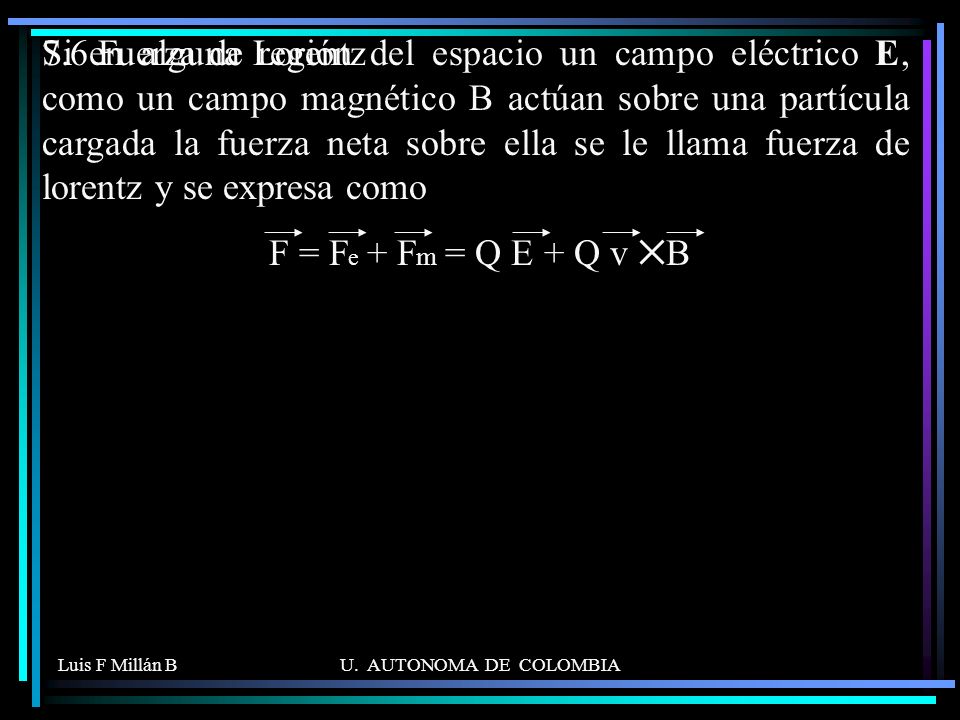 Si en alguna región del espacio un campo eléctrico E, como un campo magnético B actúan sobre una partícula cargada la fuerza neta sobre ella se le llama fuerza de lorentz y se expresa como