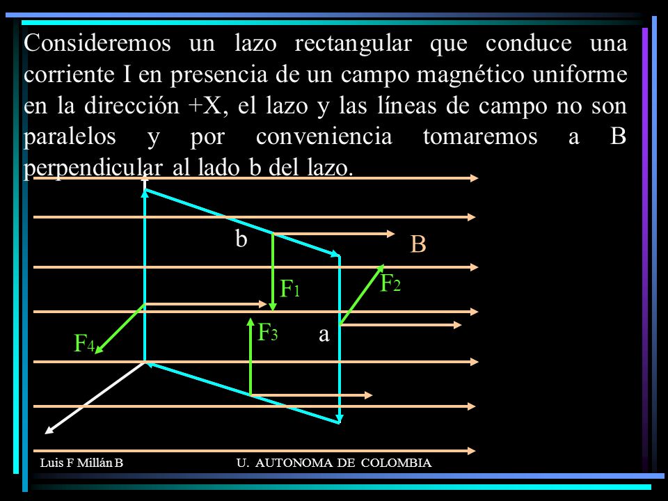 Consideremos un lazo rectangular que conduce una corriente I en presencia de un campo magnético uniforme en la dirección +X, el lazo y las líneas de campo no son paralelos y por conveniencia tomaremos a B perpendicular al lado b del lazo.