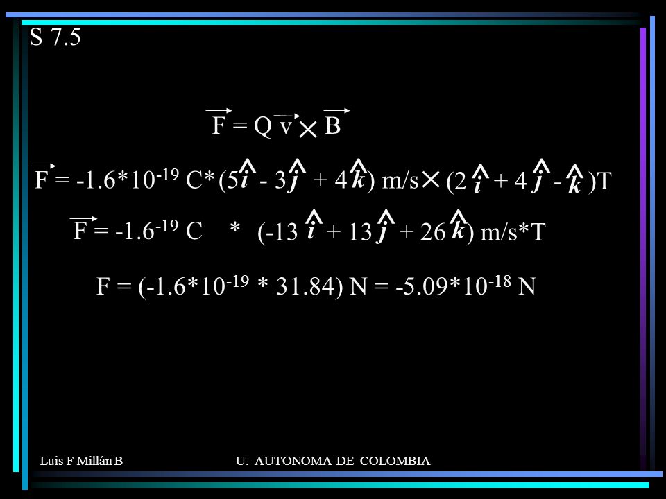^ ^ S 7.5 F = Q v B F = -1.6*10-19 C* ( ) m/s i j k