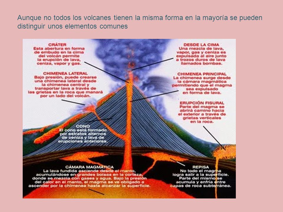 Aunque no todos los volcanes tienen la misma forma en la mayoría se pueden distinguir unos elementos comunes