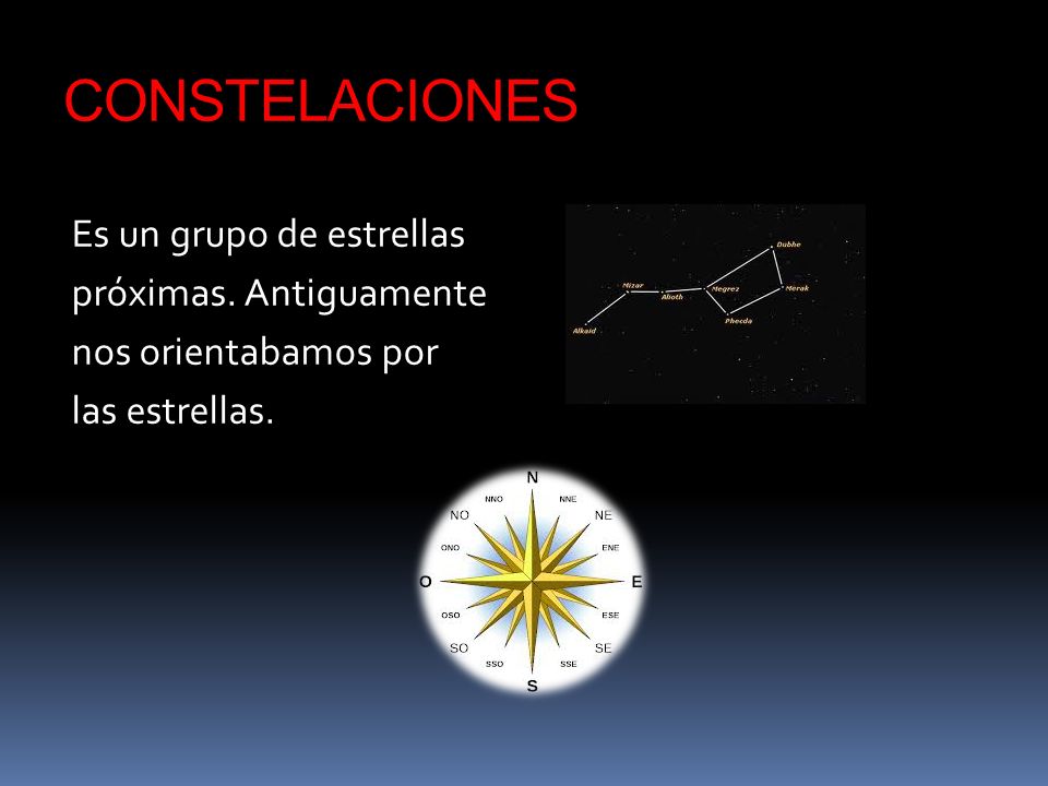 CONSTELACIONES Es un grupo de estrellas próximas. Antiguamente nos orientabamos por las estrellas.