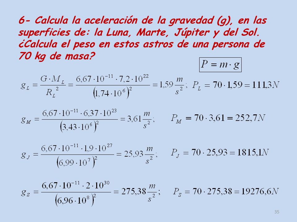 6- Calcula la aceleración de la gravedad (g), en las superficies de: la Luna, Marte, Júpiter y del Sol.