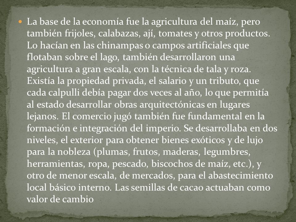 La base de la economía fue la agricultura del maíz, pero también frijoles, calabazas, ají, tomates y otros productos.