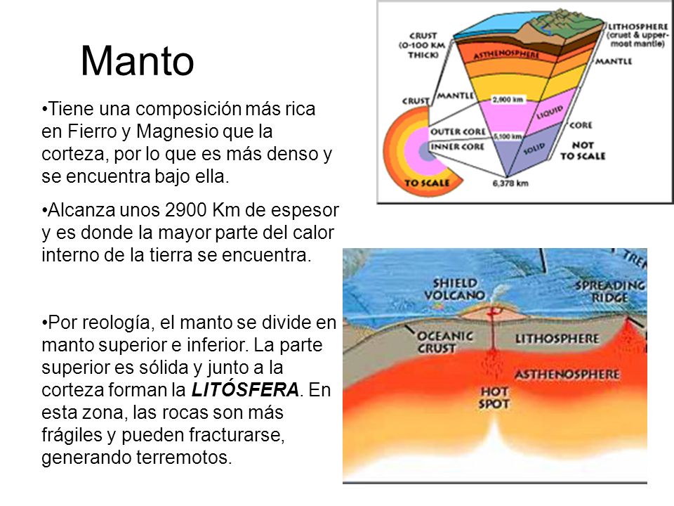 Manto Tiene una composición más rica en Fierro y Magnesio que la corteza, por lo que es más denso y se encuentra bajo ella.