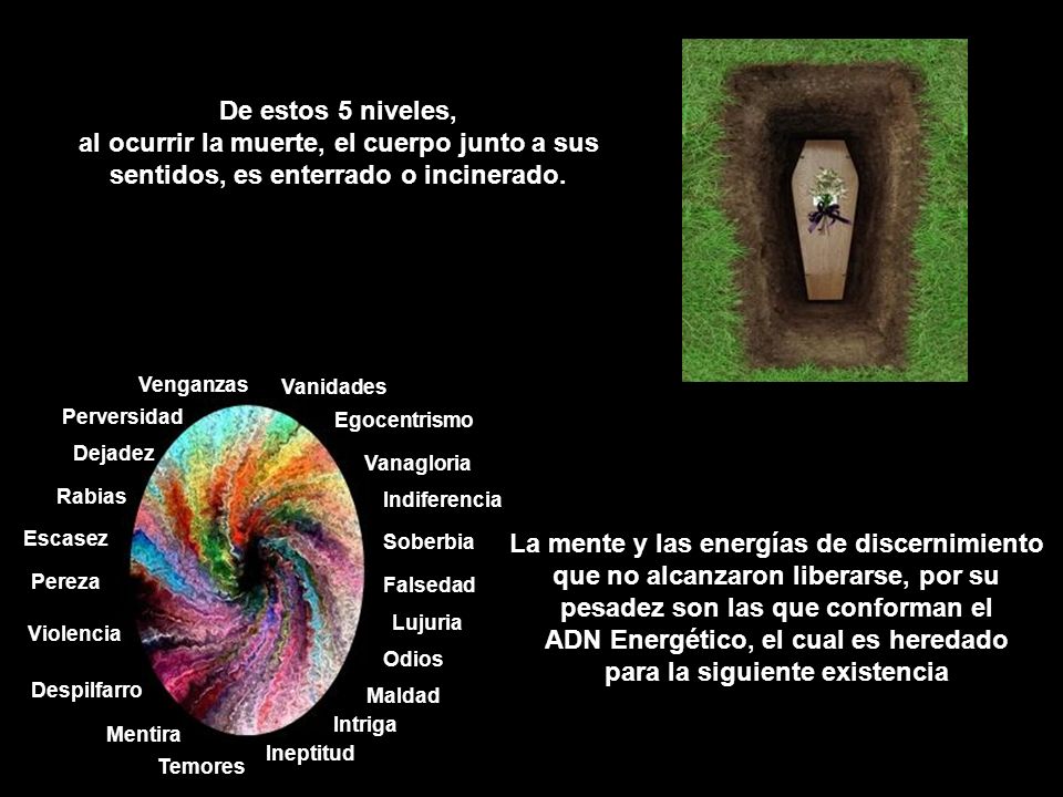De estos 5 niveles, al ocurrir la muerte, el cuerpo junto a sus sentidos, es enterrado o incinerado.