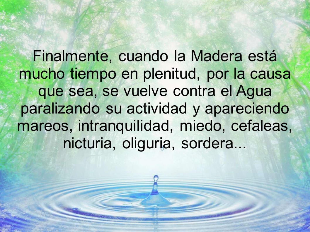 Finalmente, cuando la Madera está mucho tiempo en plenitud, por la causa que sea, se vuelve contra el Agua paralizando su actividad y apareciendo mareos, intranquilidad, miedo, cefaleas, nicturia, oliguria, sordera...