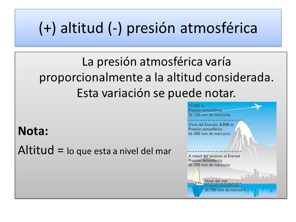 (+) altitud (-) presión atmosférica