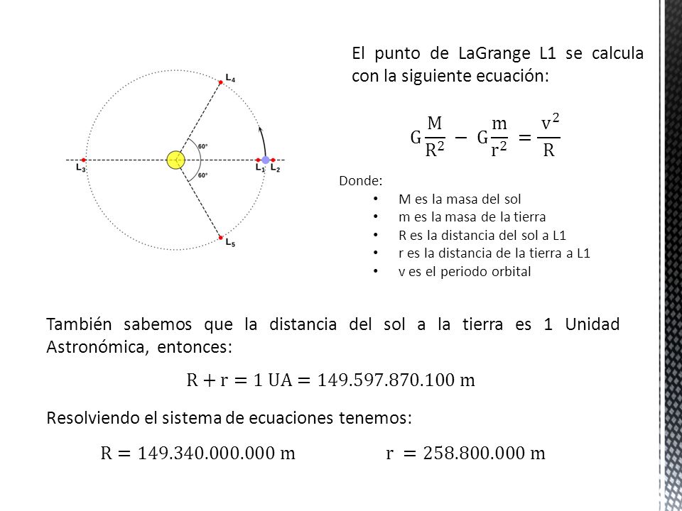El punto de LaGrange L1 se calcula con la siguiente ecuación: