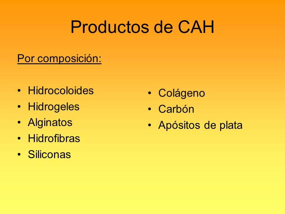 Productos de CAH Por composición: Hidrocoloides Hidrogeles Alginatos