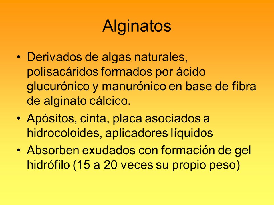 Alginatos Derivados de algas naturales, polisacáridos formados por ácido glucurónico y manurónico en base de fibra de alginato cálcico.