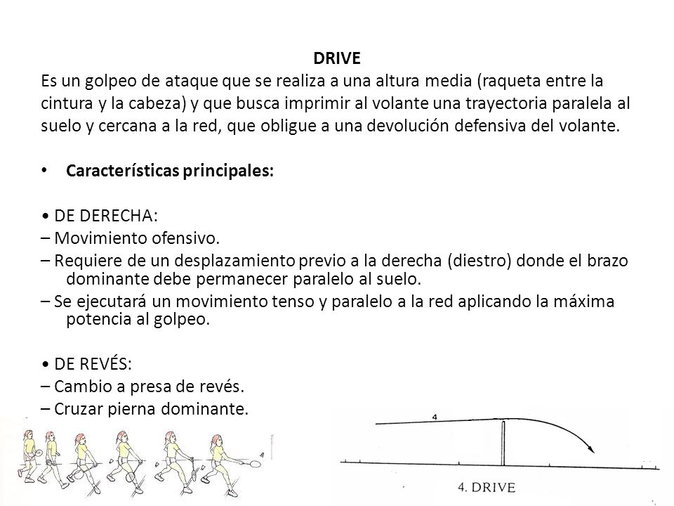 DRIVE Es un golpeo de ataque que se realiza a una altura media (raqueta entre la.