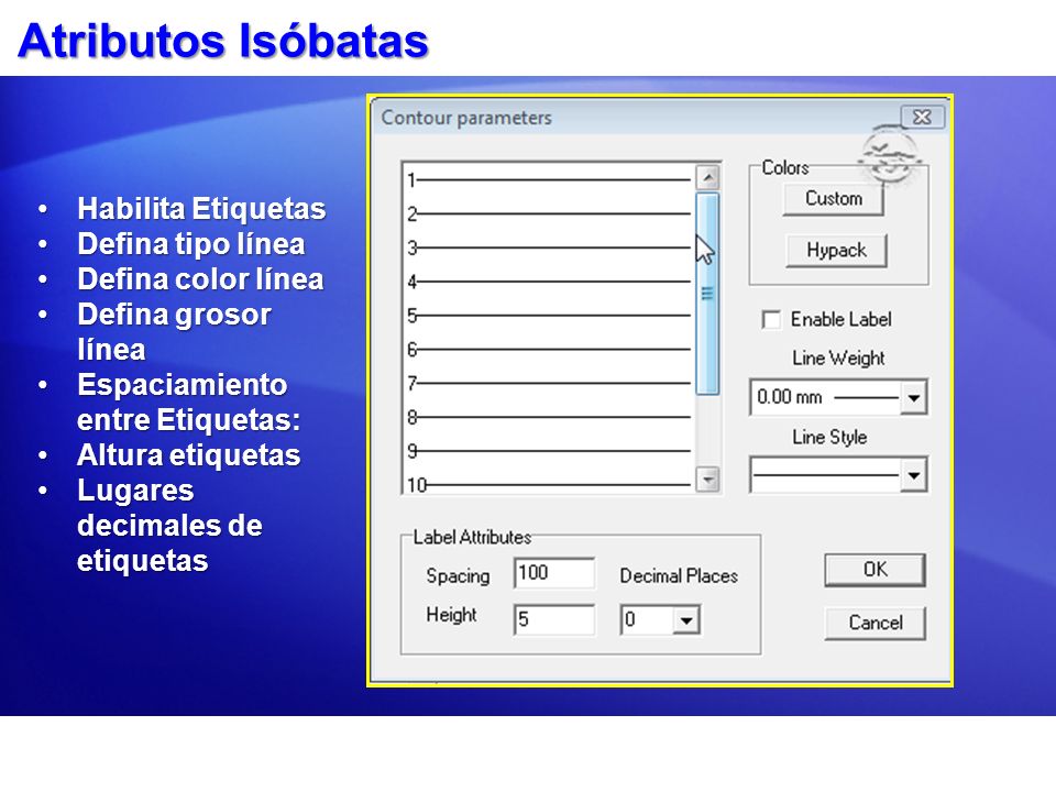 Atributos Isóbatas Habilita Etiquetas Defina tipo línea