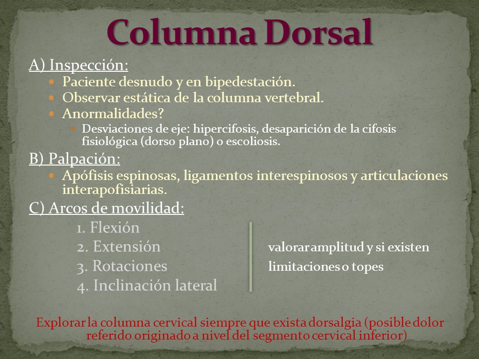 Columna Dorsal A) Inspección: B) Palpación: C) Arcos de movilidad:
