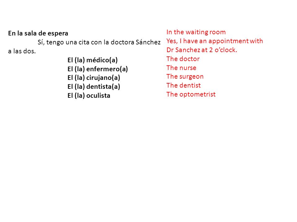 En la sala de espera Sí, tengo una cita con la doctora Sánchez a las dos. El (la) médico(a) El (la) enfermero(a)