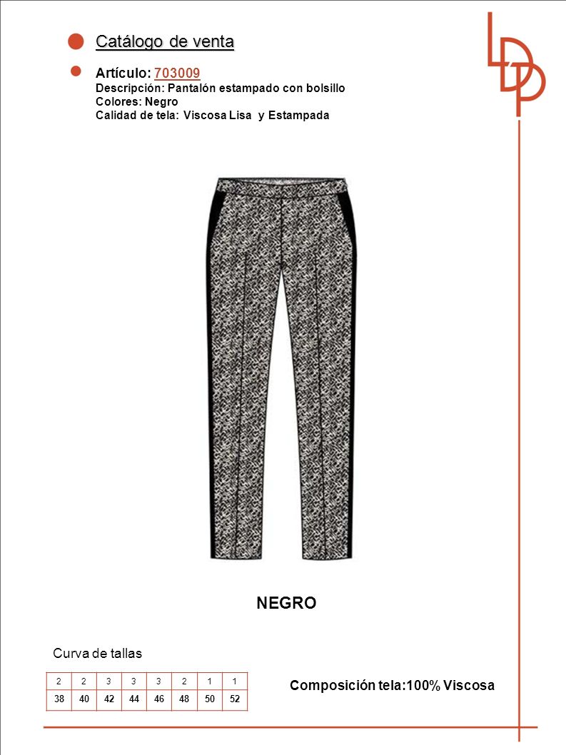 Catálogo de venta NEGRO Artículo: Curva de tallas