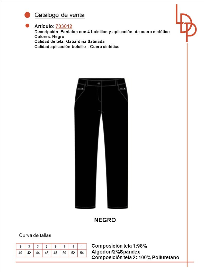 Catálogo de venta NEGRO Artículo: Curva de tallas