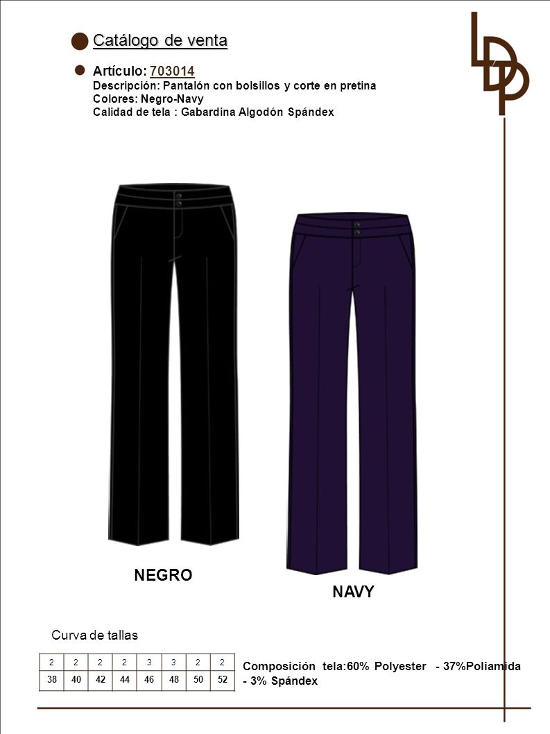 Catálogo de venta NEGRO NAVY Artículo: Curva de tallas