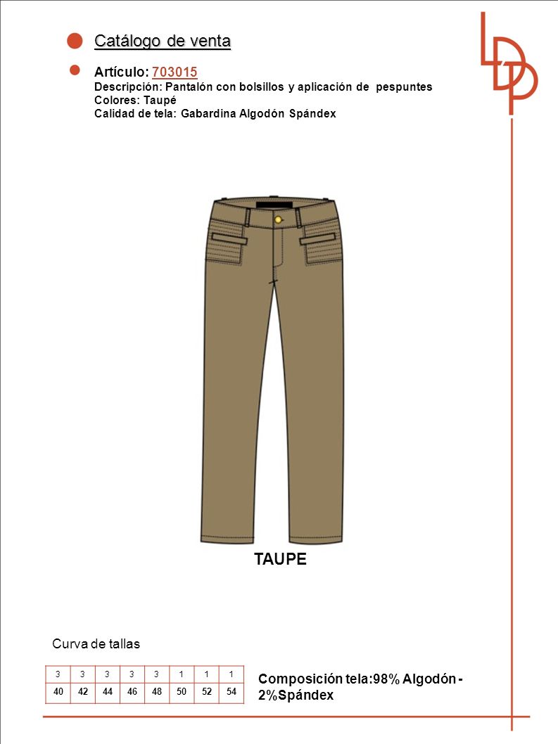 Catálogo de venta TAUPE Artículo: Curva de tallas