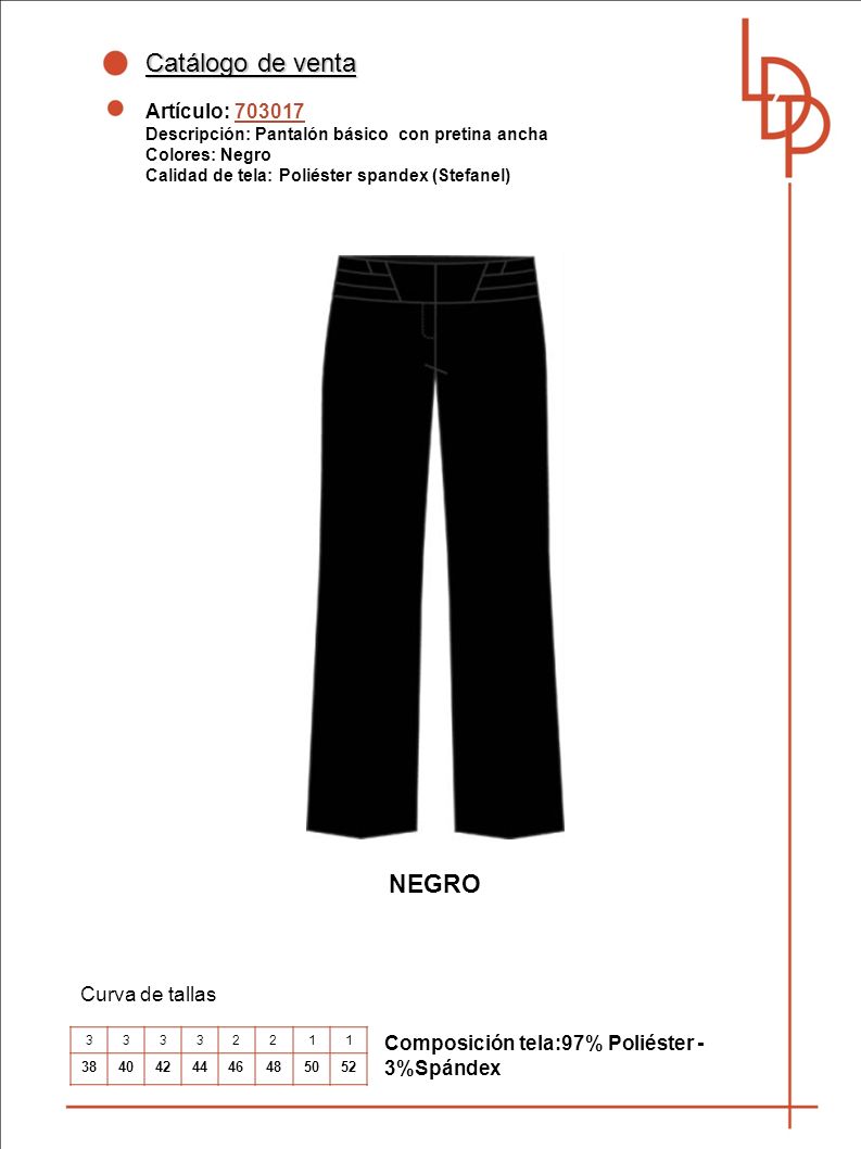 Catálogo de venta NEGRO Artículo: Curva de tallas
