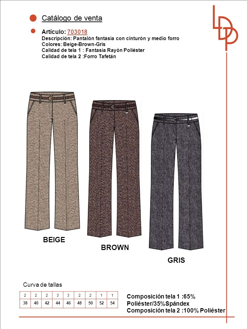 Catálogo de venta BEIGE BROWN GRIS Artículo: Curva de tallas