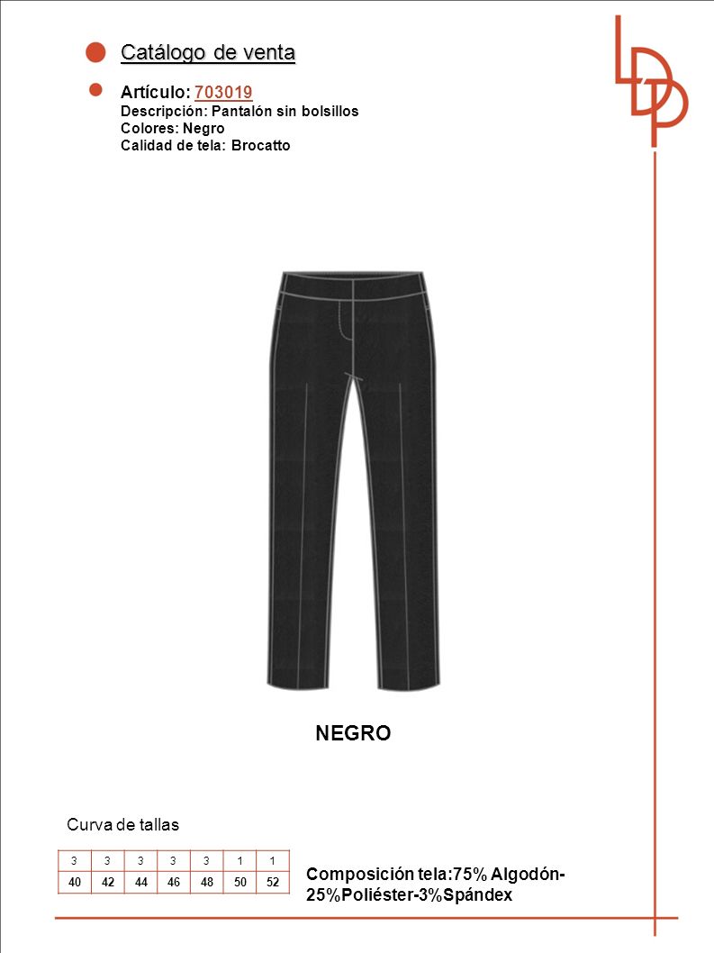 Catálogo de venta NEGRO Artículo: Curva de tallas