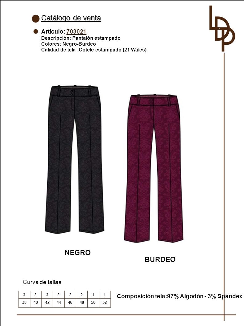 Catálogo de venta NEGRO BURDEO Artículo: Curva de tallas