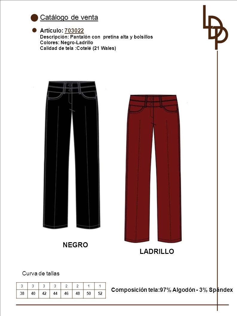 Catálogo de venta NEGRO LADRILLO Artículo: Curva de tallas