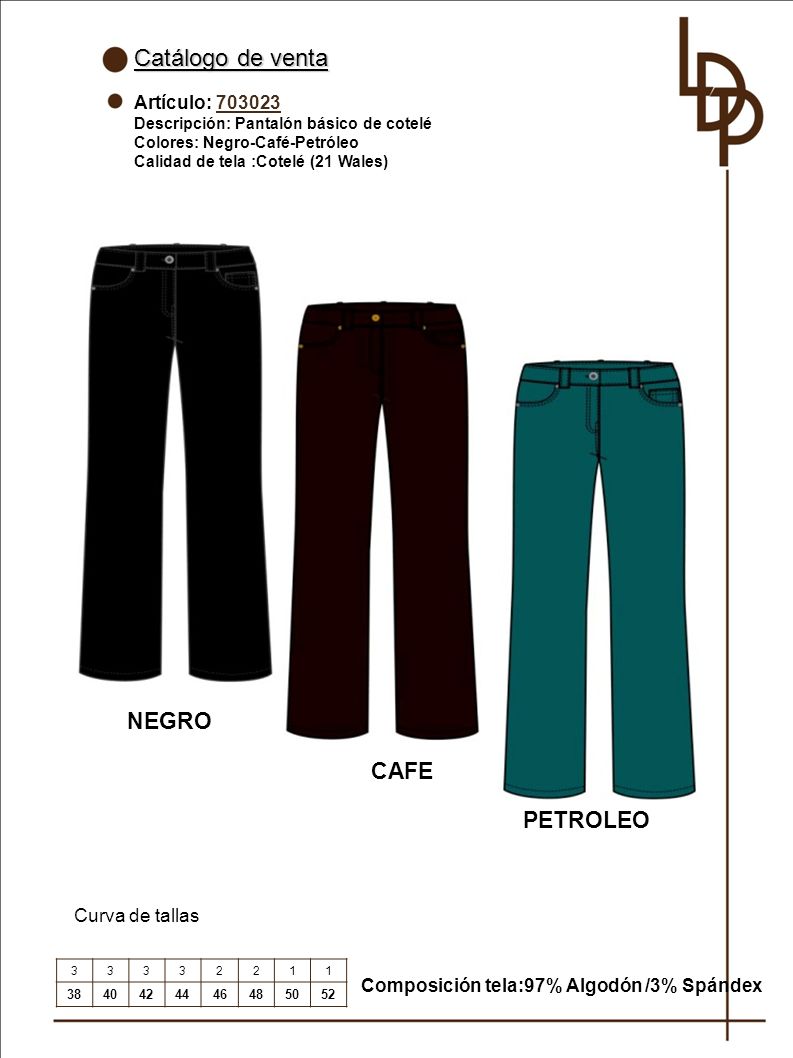 Catálogo de venta NEGRO CAFE PETROLEO Artículo: Curva de tallas