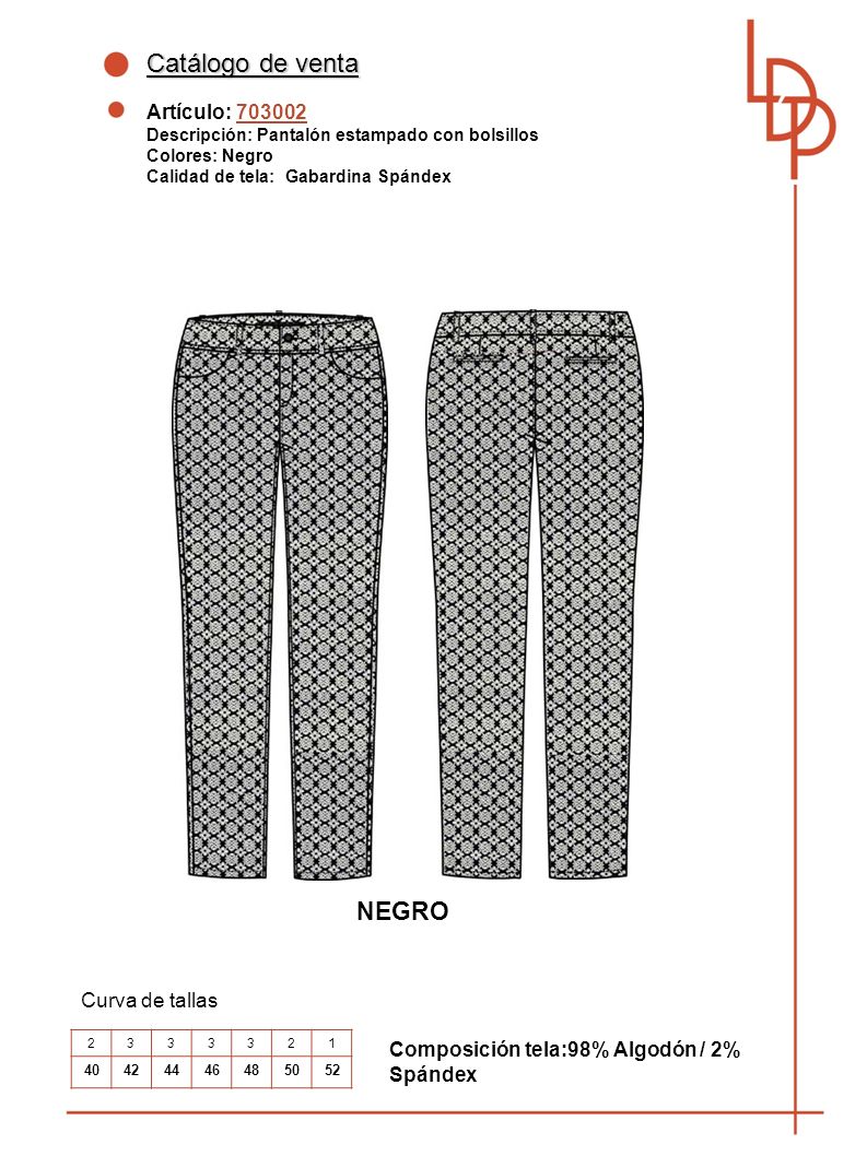 Catálogo de venta NEGRO Artículo: Curva de tallas