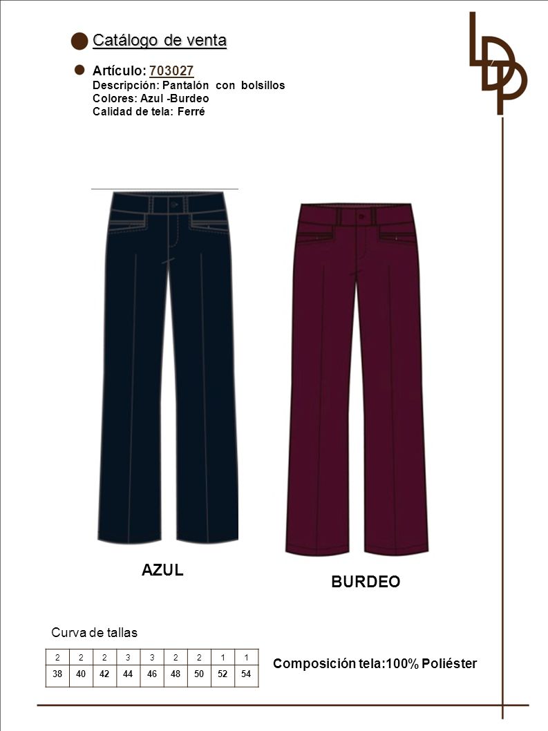 Catálogo de venta AZUL BURDEO Artículo: Curva de tallas
