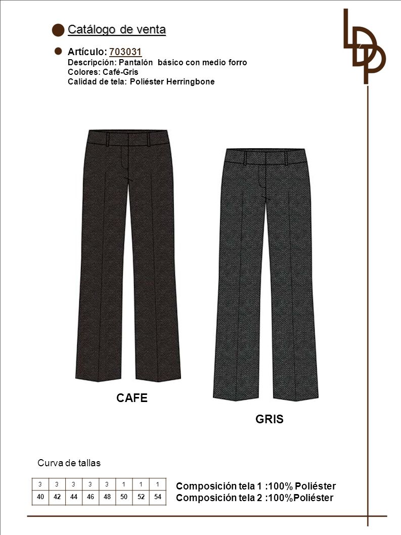 Catálogo de venta CAFE GRIS Artículo: Curva de tallas