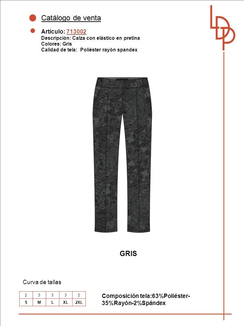 Catálogo de venta GRIS Artículo: Curva de tallas