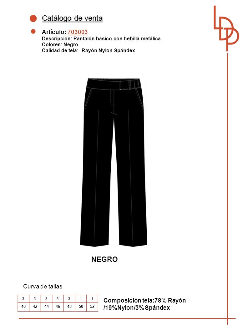 Catálogo de venta NEGRO Artículo: Curva de tallas