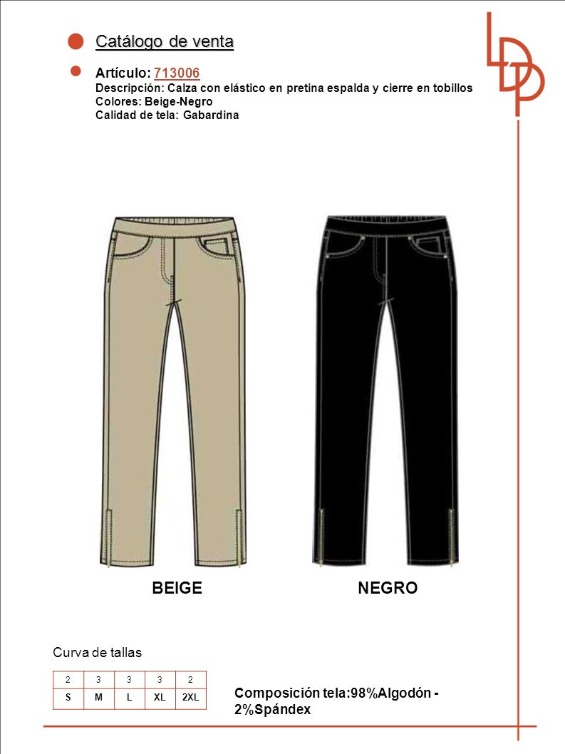 Catálogo de venta BEIGE NEGRO Artículo: Curva de tallas