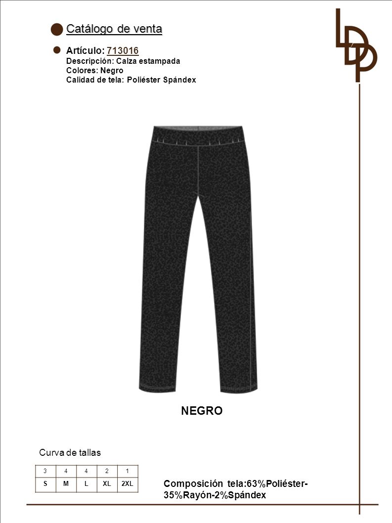 Catálogo de venta NEGRO Artículo: Curva de tallas