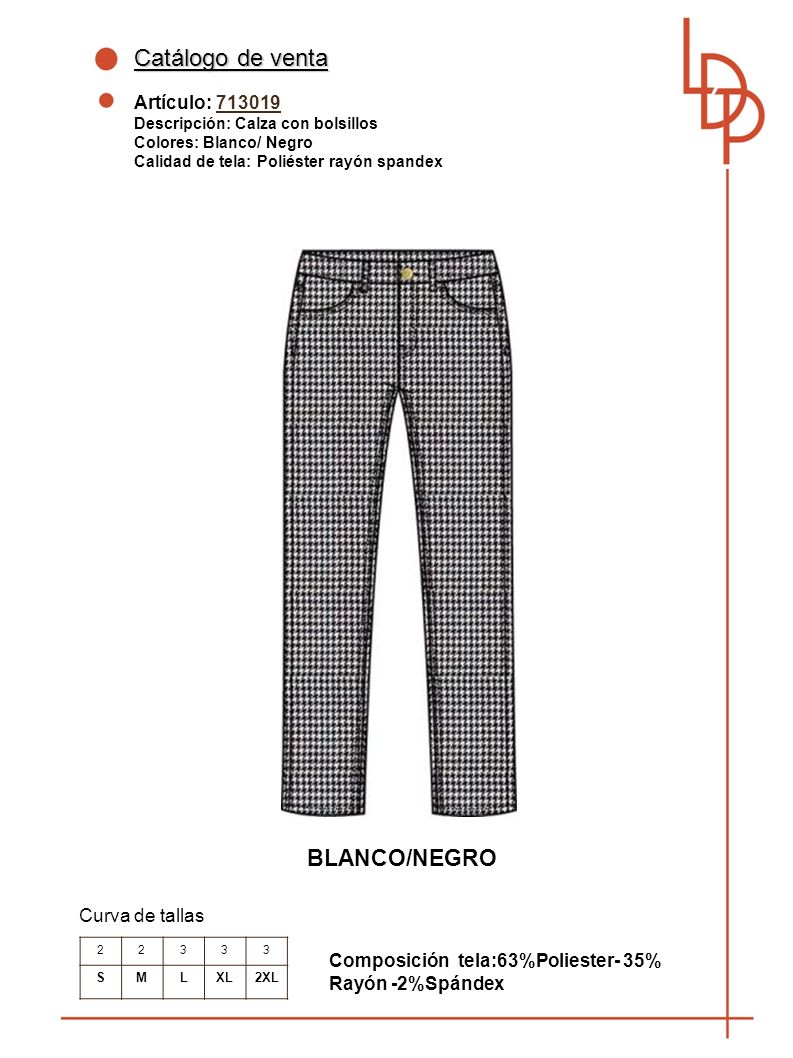 Catálogo de venta BLANCO/NEGRO Artículo: Curva de tallas