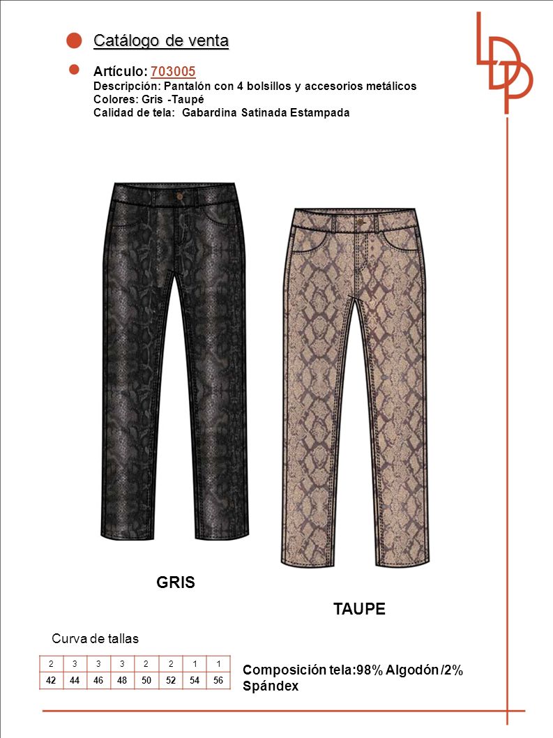 Catálogo de venta GRIS TAUPE Artículo: Curva de tallas
