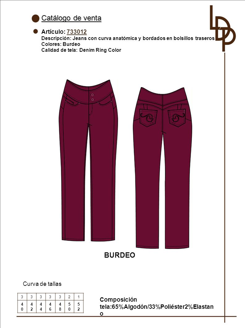 Catálogo de venta BURDEO Artículo: Curva de tallas
