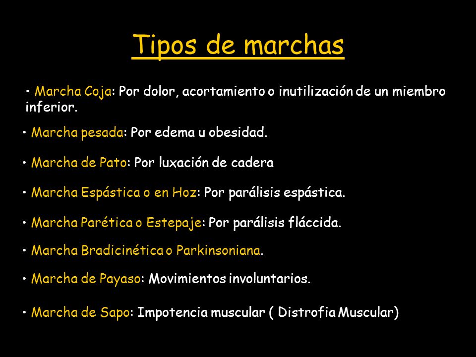 Tipos de marchas Marcha Coja: Por dolor, acortamiento o inutilización de un miembro inferior. Marcha pesada: Por edema u obesidad.